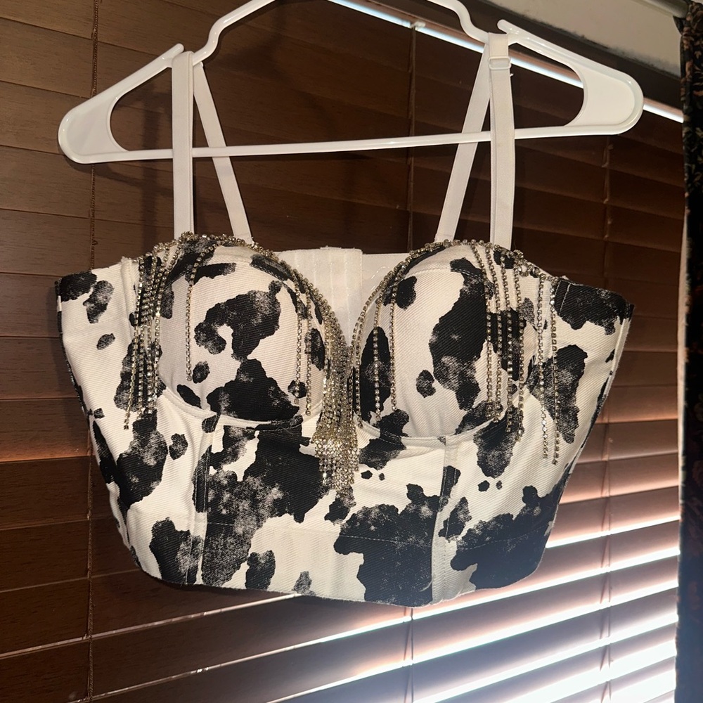 Black and White Embellished Bustier Crop Top